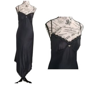 ABS 90s Y2K Black Silky Slip Dress Lace Trim